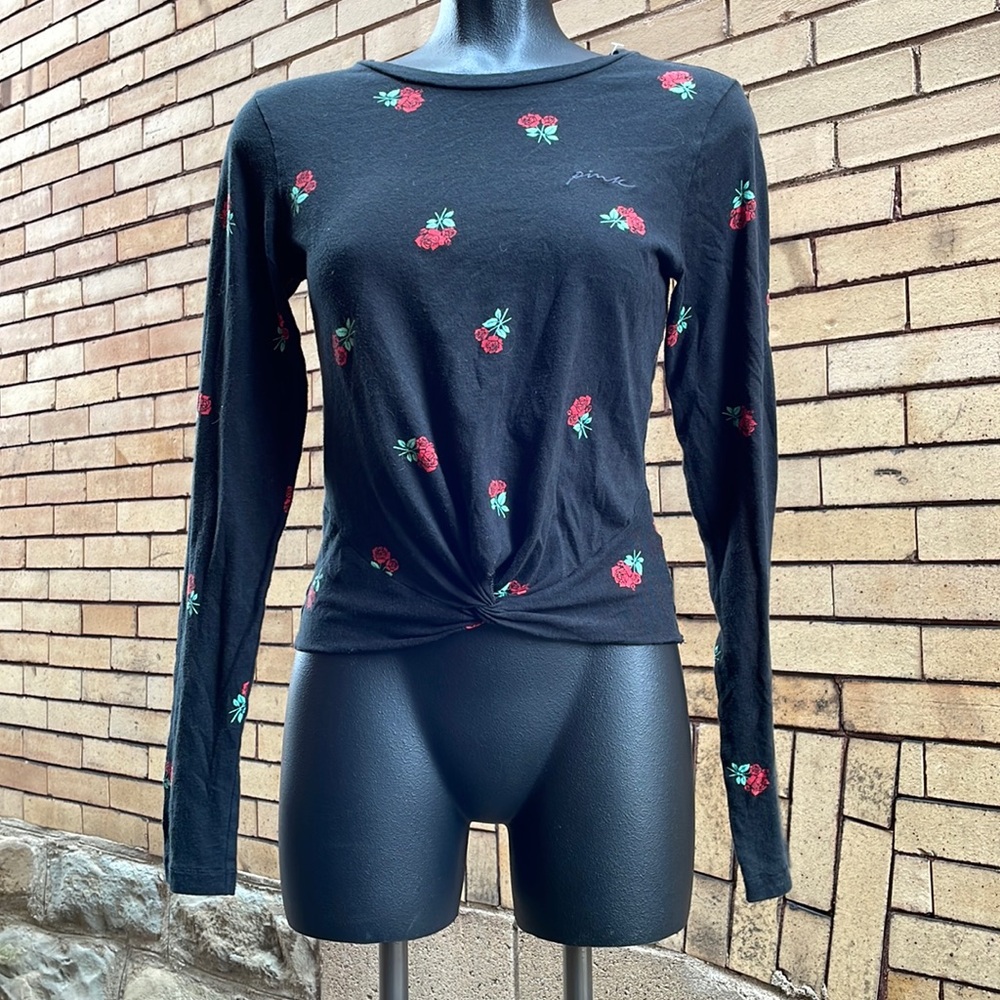 PINK Victoria Secret black floral rose Long Sleeve Knot Tie Top Extra Small